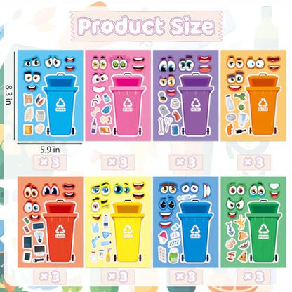24 Sheets Recycling Bin Make a Face Sticker, Make Your Own Trash Bin Stickers Mix and Match Sticker for Home School Classroom Crafts Activities Reward Birthday Party Favors - style: Trash Sorting