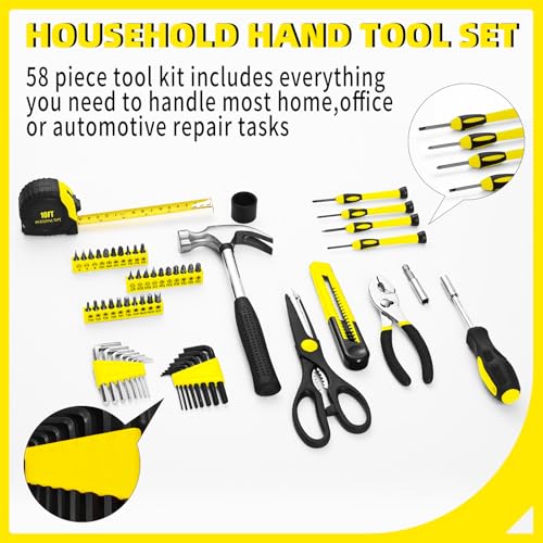 58-Piece Household Tool Set, Yellow Hand Kit with Plastic Toolbox - color: Yellow, size: 58-Piece