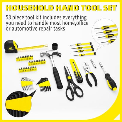 58-Piece Household Tool Set, Yellow Hand Kit with Plastic Toolbox - color: Yellow, size: 58-Piece