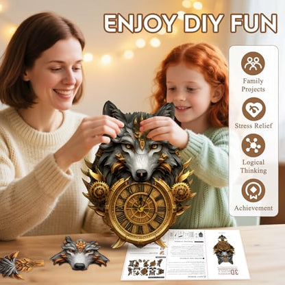 3D Puzzles for Adults Wooden Wolf Puzzle Clock Adult Crafts - color: Wolf Clock