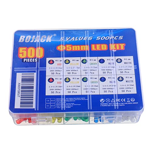 BOJACK 5 Colors 500 pcs 5mm LED Diode Lights Assored Kit Pack Bright Lighting Bulb Lamps Electronics Components 5 mm Light Emitting Diodes Parts - style: 5 Colors 500 Pcs