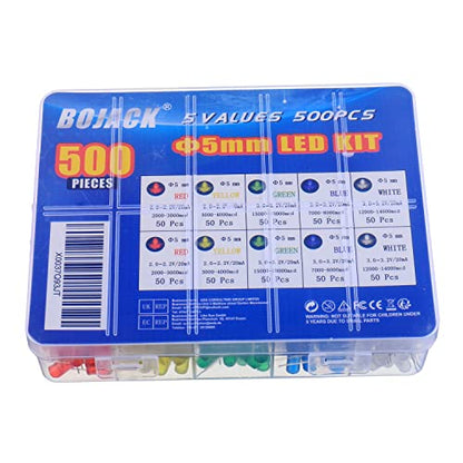 BOJACK 5 Colors 500 pcs 5mm LED Diode Lights Assored Kit Pack Bright Lighting Bulb Lamps Electronics Components 5 mm Light Emitting Diodes Parts - style: 5 Colors 500 Pcs