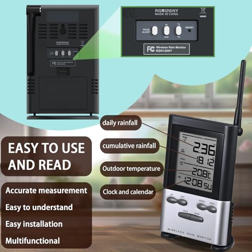 Wireless Rain Gauge Outdoor with Thermometer, Digital Rain Gauges Outdoors Best Rated with Self-Emptying & Freeze Proof, Accurate Remote Rain Measure Gauge, Automatic Outside Rain Gauge for Yard - color: Wireless Rain Gauge
