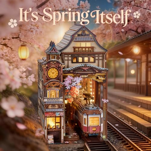 FUNPOLA Sakura Train Book Nook Kit – LED 3D Wood Puzzle with Infinity Mirror – DIY Bookshelf Decor, Miniature Craft Gift for Adults - color: Echo Platform