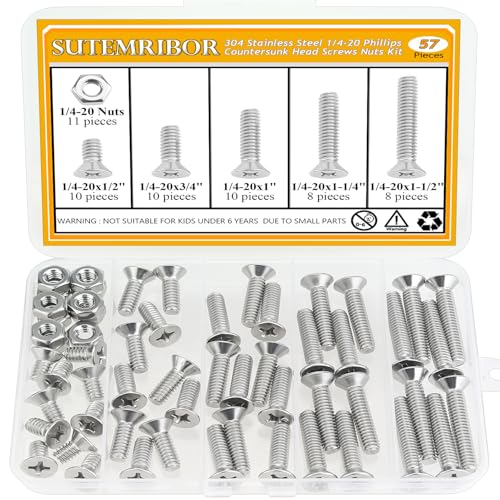 57 Pieces 1/4-20 x 1/2", 3/4", 1", 1-1/4", 1-1/2", Phillips Countersunk Head Machine Screws Nuts Assortment Kit - size: 1/4"-20, style: Phillips Countersunk Head
