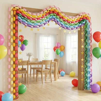 700 Sheet Rainbow Paper Chain Strips and 52 ft Gold Star Garland Set - color: Rainbow-700pc