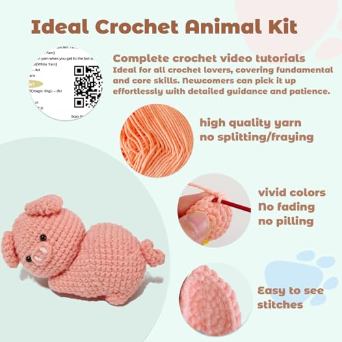 JueRum Pig Crochet Kits for Adult,Amigurumi Advanced Crochet Animals Kit with Step-by-Step Video Tutorials, Learn to Crochet Pig Animals Knitting Kit for Adult Crochet Gifts - color: Pink Curvy Hip Pig
