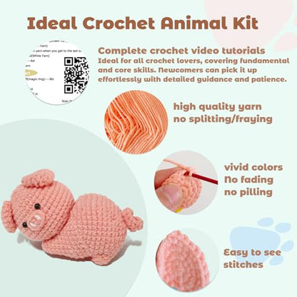 JueRum Pig Crochet Kits for Adult,Amigurumi Advanced Crochet Animals Kit with Step-by-Step Video Tutorials, Learn to Crochet Pig Animals Knitting Kit for Adult Crochet Gifts - color: Pink Curvy Hip Pig