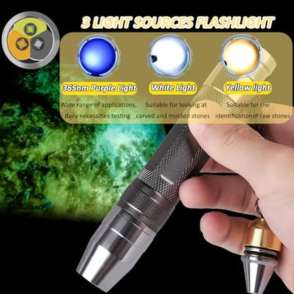 JINGYAN Professional Gemstone Flashlight - 3-in-1 Light Source (365nm Ultraviolet/Yellow/White) for Diamond, Jade & Jewelry Appraisal, Rechargeable Handheld Torch with Multifunctional Two Lamp Heads