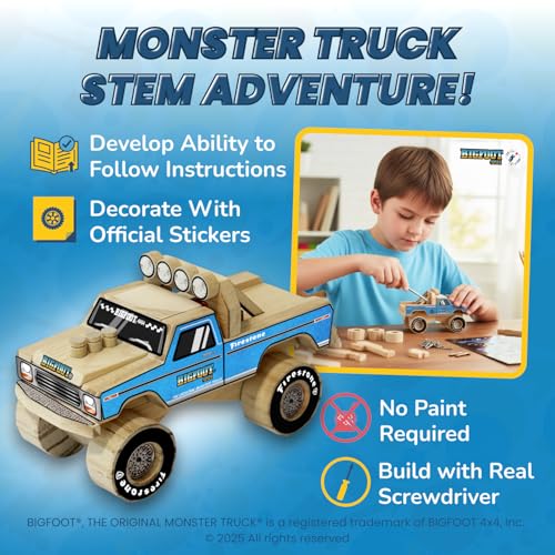 DIY Bigfoot 1 Monster Truck Wooden Kit w/Stickers (Small 5")- Officially Licensed Kids Building Kit - Wood Building Kits for Kids & Stem Toys for Ages 5-8 Years - Arts & Crafts Kits for Children