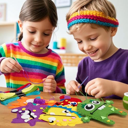 TUZT My First Sewing Kit for Kids - Monster Sewing Craft Kit for Beginners with 12 Pre-Cut Monster Plush Toys, Scissor, Plastic Needles & Thread, DIY Felt Crafts Project for Girls & Boys Ages 6-12
