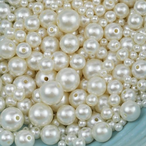 Hudinsun 1200 Pcs Pearl Beads for Jewelry Making, 5 Size Round Pearls for Bracelets Making Kit Small Pearl Filler Beads with Hole for DIY Craft Necklace Earrings - size: 4mm, 6mm, 8mm, 10mm, 12mm