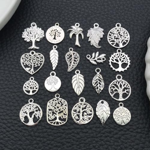 WOCRAFT 60pcs Bright Silver Tree Leaf Charms Bracelet Charms for Jewelry Making Sets DIY Necklace Bracelet Keychain Crafting Charms Kit Craft Supplies (SN891) - color: Bright Silver, size: Tree Leaf Charms
