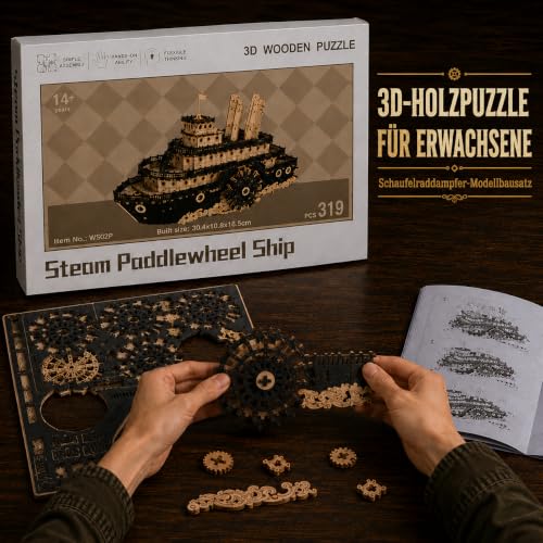 3D Wooden Puzzles for Adults,Paddle Steamer Ship Model Kit, Desk Décor,Gift