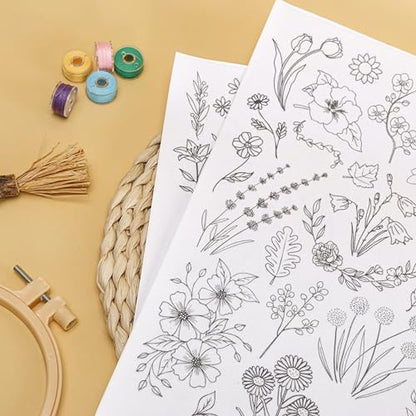 Patemby Embroidery Pattern Water Soluble Embroidery Stabilizers, Stick and Stitch Embroidery Paper Wash Away with Pre-Printed Pattern Designs Stencils Transfers for Hand Sewing Lover Beginner - color: Floral, Pack of 2