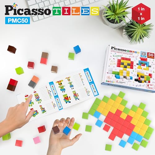 PicassoTiles Kids Pixel 1” Magnetic Puzzle Cube Mix & Match with Free Ideabook Sensory Toys STEAM Learning Building Block Magnets Construction Toy Set Stacking Magnet Creative Kit - style: 50pc