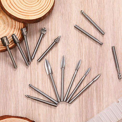 Honoson 15 Pieces Wood Carving and Engraving Drill Bit Set, Including Engraving Drill Accessories Bit and HSS Carbide Wood Milling Burrs for DIY Crafts Supplies