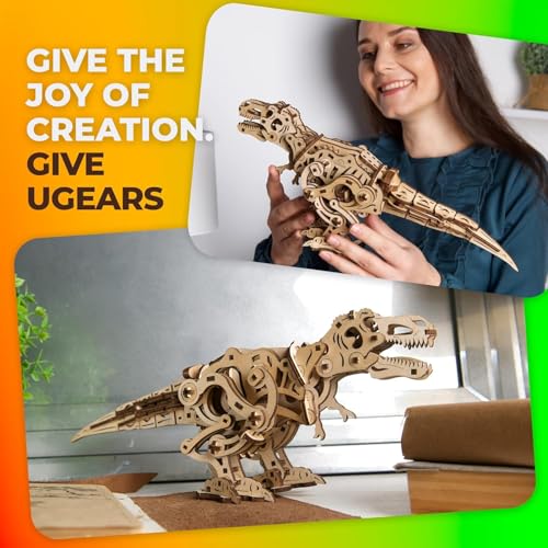 UGEARS Tyrannosaurus Rex, 3D Puzzle, 5.8-inch Height, Rex Dinosaur Puzzle Kit Mechanical Models, Automaton Kit, Brain Teaser - style: Tyrannosaurus Rex