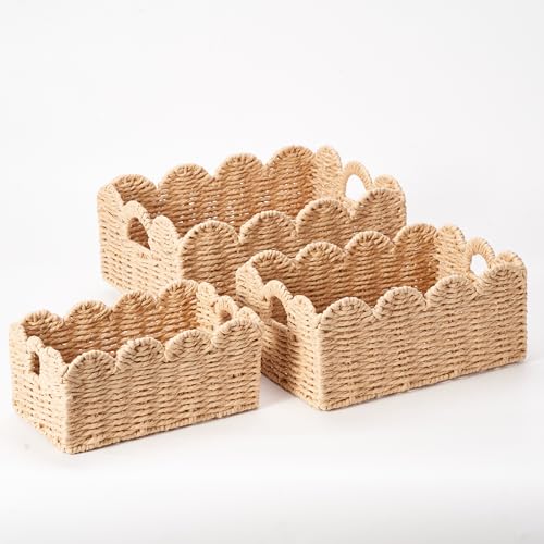 Scalloped Wicker Baskets Set of 3, Hand-Woven Storage with Handles - color: Beige