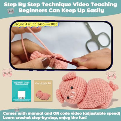 JueRum Pig Crochet Kits for Adult,Amigurumi Advanced Crochet Animals Kit with Step-by-Step Video Tutorials, Learn to Crochet Pig Animals Knitting Kit for Adult Crochet Gifts - color: Pink Curvy Hip Pig