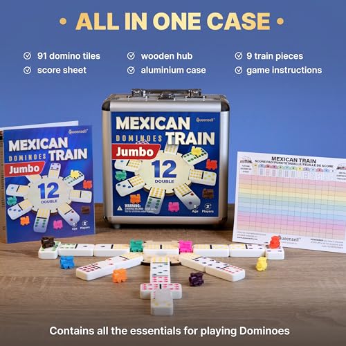 Queensell Mexican Train Dominoes Set with Jumbo Tiles – Double 12 Dominoes Set for Adults, 91 Tiles with Colorful Dots, Wooden Hub, Train & Aluminum Case - size: D12 Jumbo