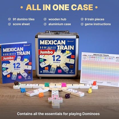 Queensell Mexican Train Dominoes Set with Jumbo Tiles – Double 12 Dominoes Set for Adults, 91 Tiles with Colorful Dots, Wooden Hub, Train & Aluminum Case - size: D12 Jumbo