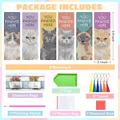 6 PCS Diamond Art Kits Bookmarks Cat Diamond Painting Bookmark, 5D DIY Book Marks Dimond Art Paintings Gem Art, Acrylic Bookmarks with Tassels,Arts and Crafts for Adults Reading Gifts for Book Lovers - style: Cat