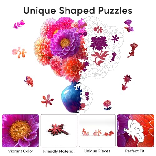 Bovearto Wooden Puzzle for Adults, Unique Flower & Leaf Shaped Pieces - color: Flower Vase, size: 200pcs