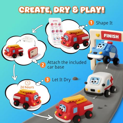 Air Dry Clay Kit for Kids - 3 Boxes Pull Back Car Making - color: City Rescue Team