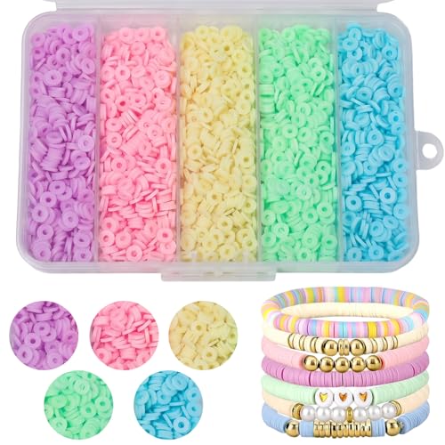 3500pcs Pastel Clay Beads for Bracelets Making 6mm Heishi Beads Polymer Flat Round Disc Clay for Jewelry Making Gradient Pastel Color Bead Crafts - color: Pastel
