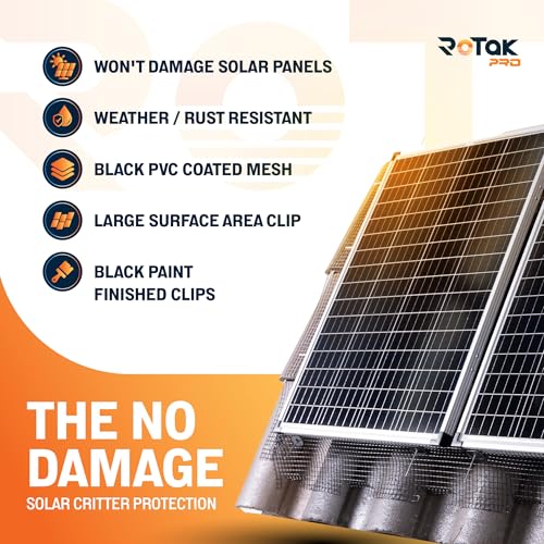 ROTAK Critter Guard PRO - 6in x 100ft Solar Panel Bird Prevention Roll Kit with 100 Fastener Clips - Heavy Duty Galvanized Black PVC Coated ½ inch Wire Roll Mesh (6" PRO + 100 Clips) - size: 6" x 100' with 100 Fastener Clips