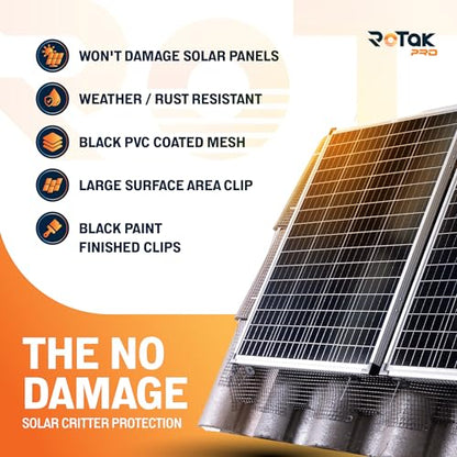 ROTAK Critter Guard PRO - 6in x 100ft Solar Panel Bird Prevention Roll Kit with 100 Fastener Clips - Heavy Duty Galvanized Black PVC Coated ½ inch Wire Roll Mesh (6" PRO + 100 Clips) - size: 6" x 100' with 100 Fastener Clips
