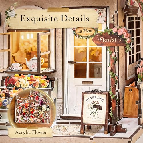 Book Nook Kit DIY Miniature House – 3D Wooden Puzzle Bookshelf Insert with LED Lights, Tiny Dollhouse Building Model Craft Kit, Unique Book Nook Decor Gift for Adults, Teens, Book Lovers - style: Flower Shop