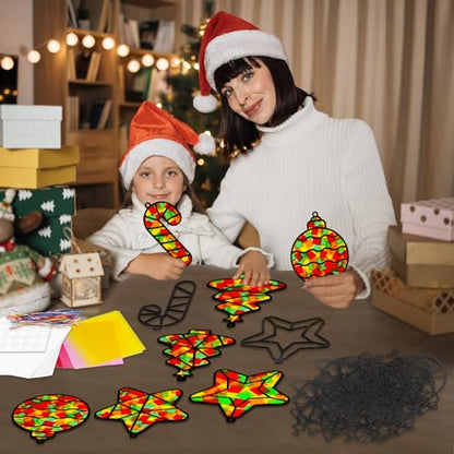 QOUBAI 32 Sets Christmas Theme Suncatchers Craft Kit DIY Window Stained Glass Effect Christmas Theme Paper Crafts Home School Classroom Decoration Kid Birthday Gift Creative Art Project Activity Game - style: Christmas