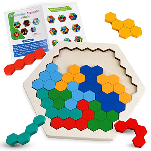 Wooden Hexagon Blocks Puzzle, STEM Montessori Brain Teaser for Kids Adults - style: Puzzle 1- Colorful Rainbow
