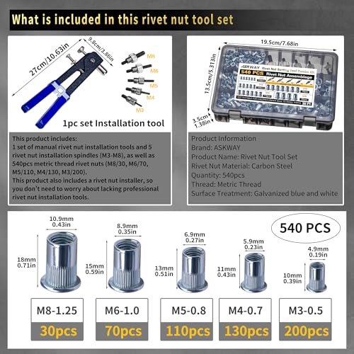 ASKWAY Rivet Nut Tool Kit 540Pcs Nut Riveter Tool Kit