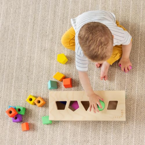 LOVEVERY | The Block Set | Solid Wood Building Blocks and Shapes + Wooden Storage Box, 70 Pieces, 18 Colors, 20+ Activities, Toddler Block Set and Converts into a Pull Car, Ages 12 to 48+ months