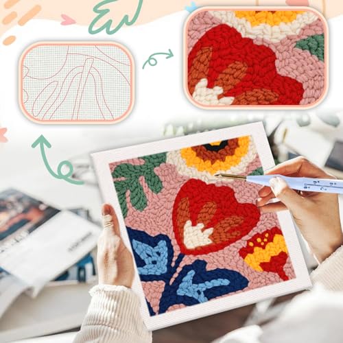 SDOYUNO Punch Needle Kit with Frame for Adults Beginners Kits 9.84 x 9.84 Inch Embroidery Starter Kits Punch Needle Kit with Red Flower Pattern, Threader, Yarns, Rug Punch, DIY Craft Kits (red) - color: red