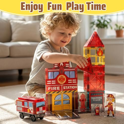SKTMYY Fire Station Magnetic Tiles Building Toys for Kids Ages 4-8 - style: Fire Station Magnetic Tiles