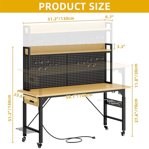 DWVO 60in Heavy Duty Workbench with Pegboard & Wheels Adjustable Work Table - size: 60" Workbench w/Pegboard