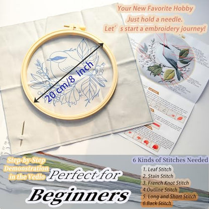 FONNUY Wild Birds Embroidery Kit, Pre-Stamped Green Tree Bird Patterns Kits for Adults and Beginners, Handmade DIY Crafts Set, Color Thread Needlework, 8'' Hoop (Chubby Little Bird) - color: Chubby Little Bird