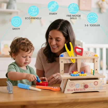 REXBETI Kids Tool Set, Wooden Toddler Tool Bench, Pretend Construction Kit