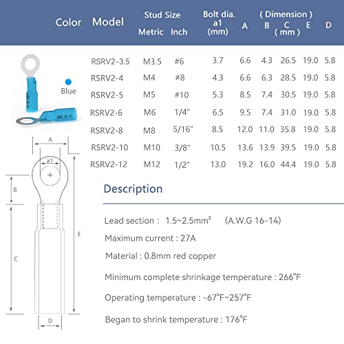 HKS 50 PCS Ring Terminals #10 Blue 16-14 AWG - M5 - Electrical Connectors - Heat Shrink Wire Connector Kit - Tinned Red Copper - Automotive Marine Ring Connectors - Waterproof and Insulated - color: Blue, size: #10 (M5)