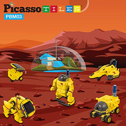 PicassoTiles STEM Kids Solar Powered Space Robot Educational Learning Engineering Building Toy 6-in-1 Creative Unique Transformation Renewable Sun Energy Science Experiment DIY Kit Boys Girls Age 8+ - color: Space Robot