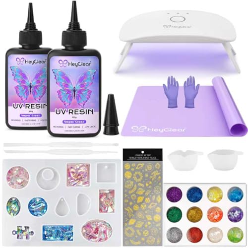 HeyClear UV Resin Kit 200g with UV Light, Molds and Casting Tools -Super Clear, Hard, Low Odor, Premixed and Fast Curing UV Glue for Coating, Jewelry Making, DIY Craft Decorations - size: Small Light Kit