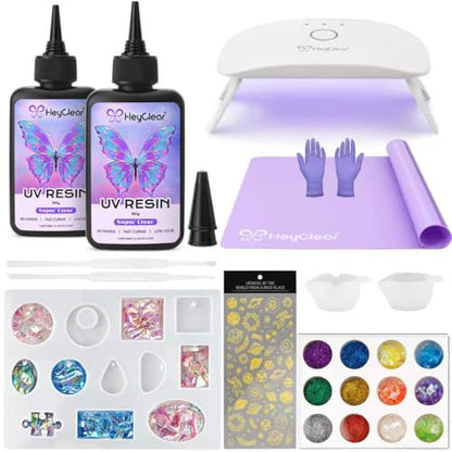 HeyClear UV Resin Kit 200g with UV Light, Molds and Casting Tools -Super Clear, Hard, Low Odor, Premixed and Fast Curing UV Glue for Coating, Jewelry Making, DIY Craft Decorations - size: Small Light Kit