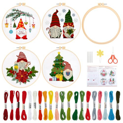 BEUNITONE 4PCS Christmas Gnomes Embroidery Kit Xmas Tree Stamped Cross Stitch Kit Snowflake Mistletoe Needlepoint Kit for Adult Beginner with Instructions - color: 06-Christmas Gnome