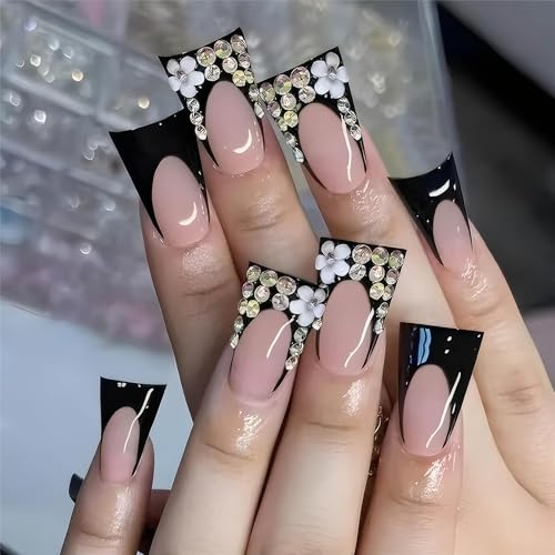 Duck Press on Nails Black French Tip Fake Nails Medium Acrylic Nails Press Ons with 3D Flower and Diamond Design Artificial False Nails Light Luxury Shining Full Cover Stick On Nails for Women - color: Style-A11