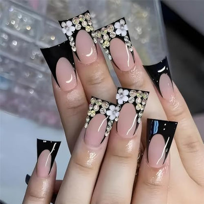 Duck Press on Nails Black French Tip Fake Nails Medium Acrylic Nails Press Ons with 3D Flower and Diamond Design Artificial False Nails Light Luxury Shining Full Cover Stick On Nails for Women - color: Style-A11