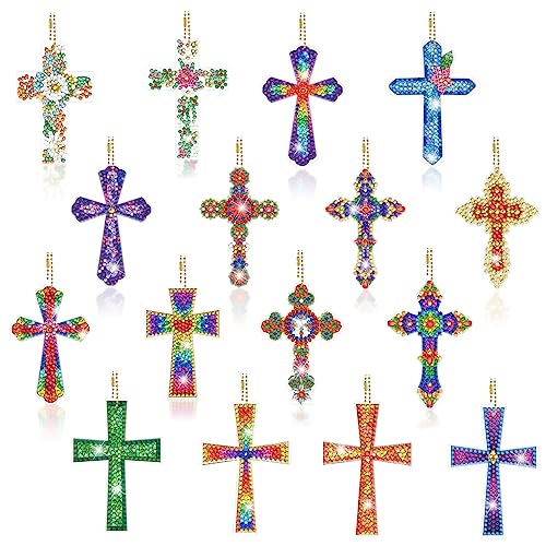 YUE ZHE 16PCS Cross Diamond Art Kits for Adults Double Sided Easter Diamond Art Keychains Cross Shaped DIY 5D Easter Diamond Painting Keychains Kits for Adults Beginners DIY Crafts - color: Cross